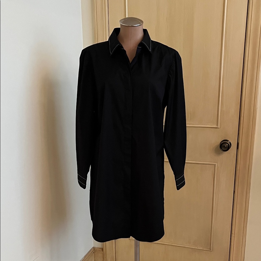 CHICO'S Minimalist Classic Cotton Long SLV Side Vent Black Shirtdress/Cover-Up L